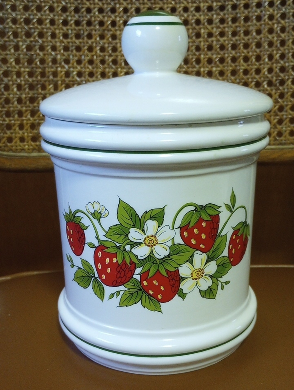 Creamy White Ceramic Strawberry & Floral Round Vintage Storage Canister w/ Lid